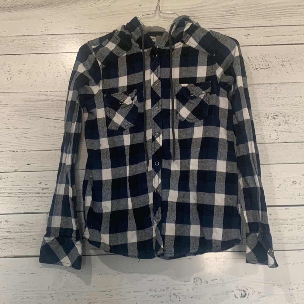Blue Crush Plaid Snap front Long Sleeve Shirt with hood